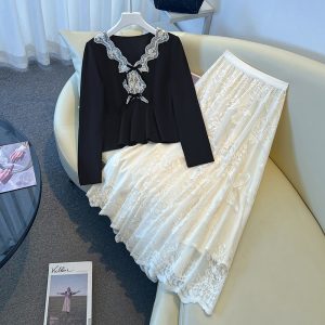 Hepburn Style Black V-Neck Two-Piece Set for Women Fall Fashion