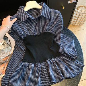 Women's Color Block Plaid Faux Two Piece Waist Cinched Long Sleeve Shirt Early Autumn New Blouse