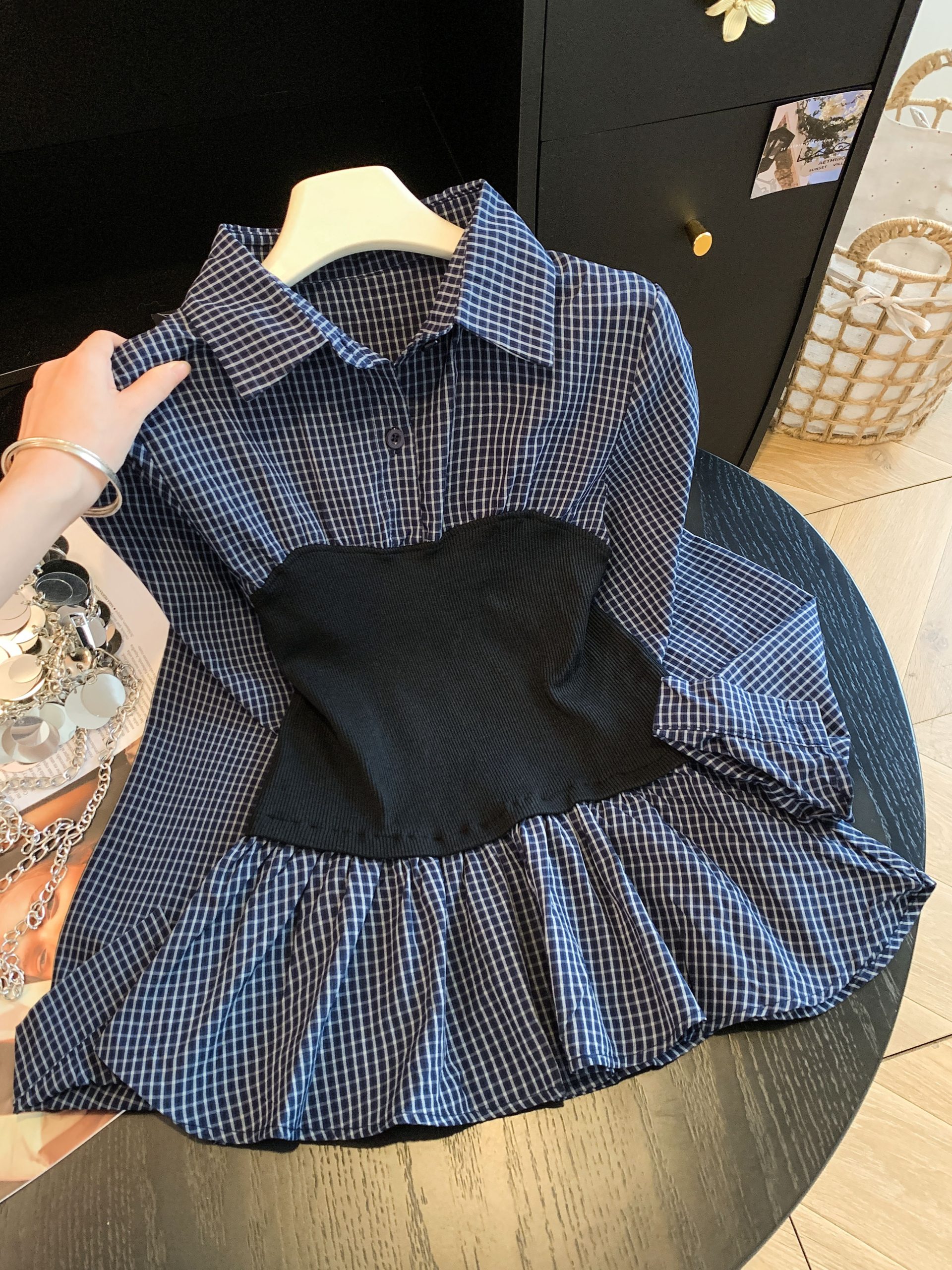 Women's Color Block Plaid Faux Two Piece Waist Cinched Long Sleeve Shirt Early Autumn New Blouse