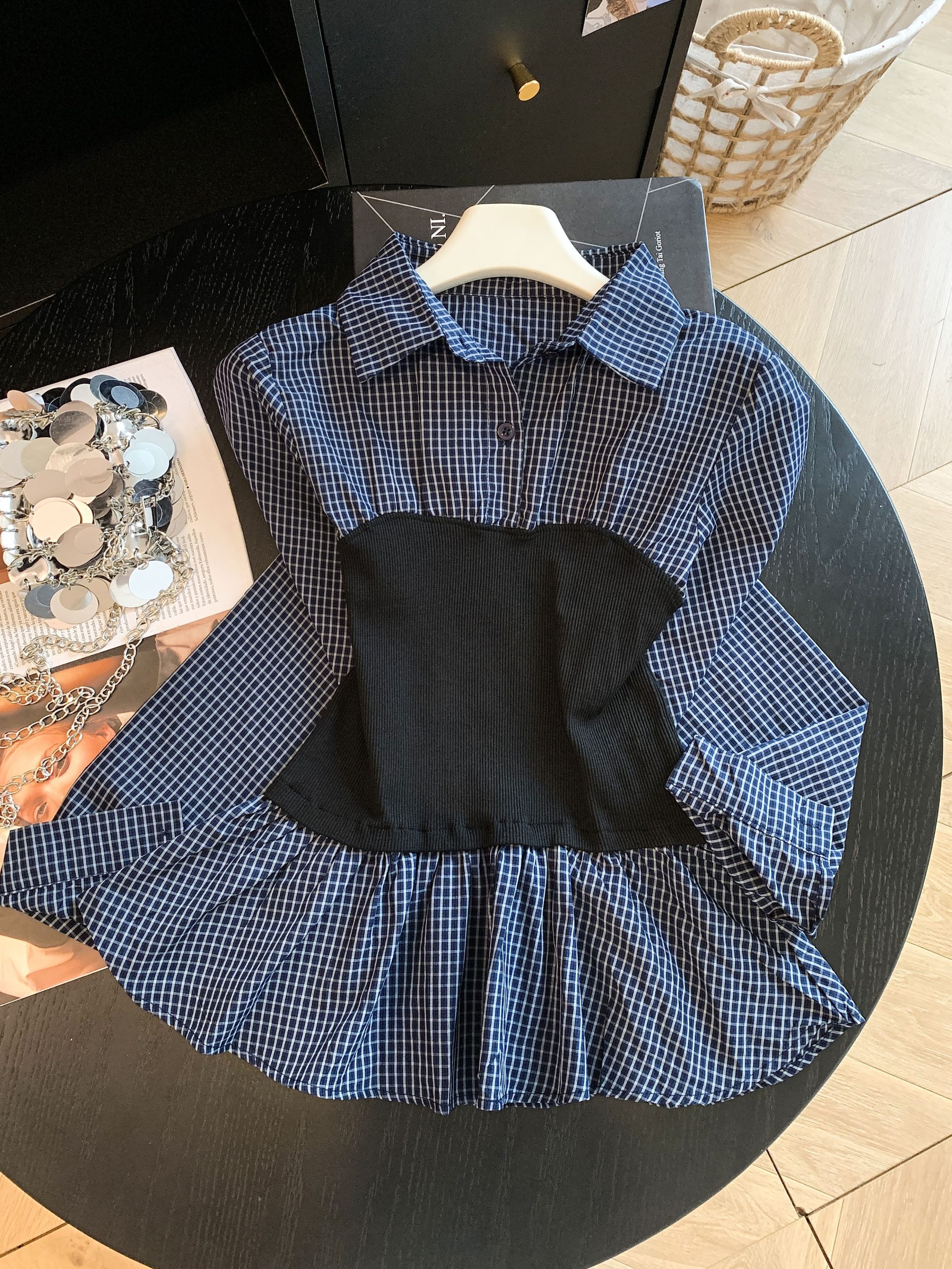 Women's Color Block Plaid Faux Two Piece Waist Cinched Long Sleeve Shirt Early Autumn New Blouse - Image 2