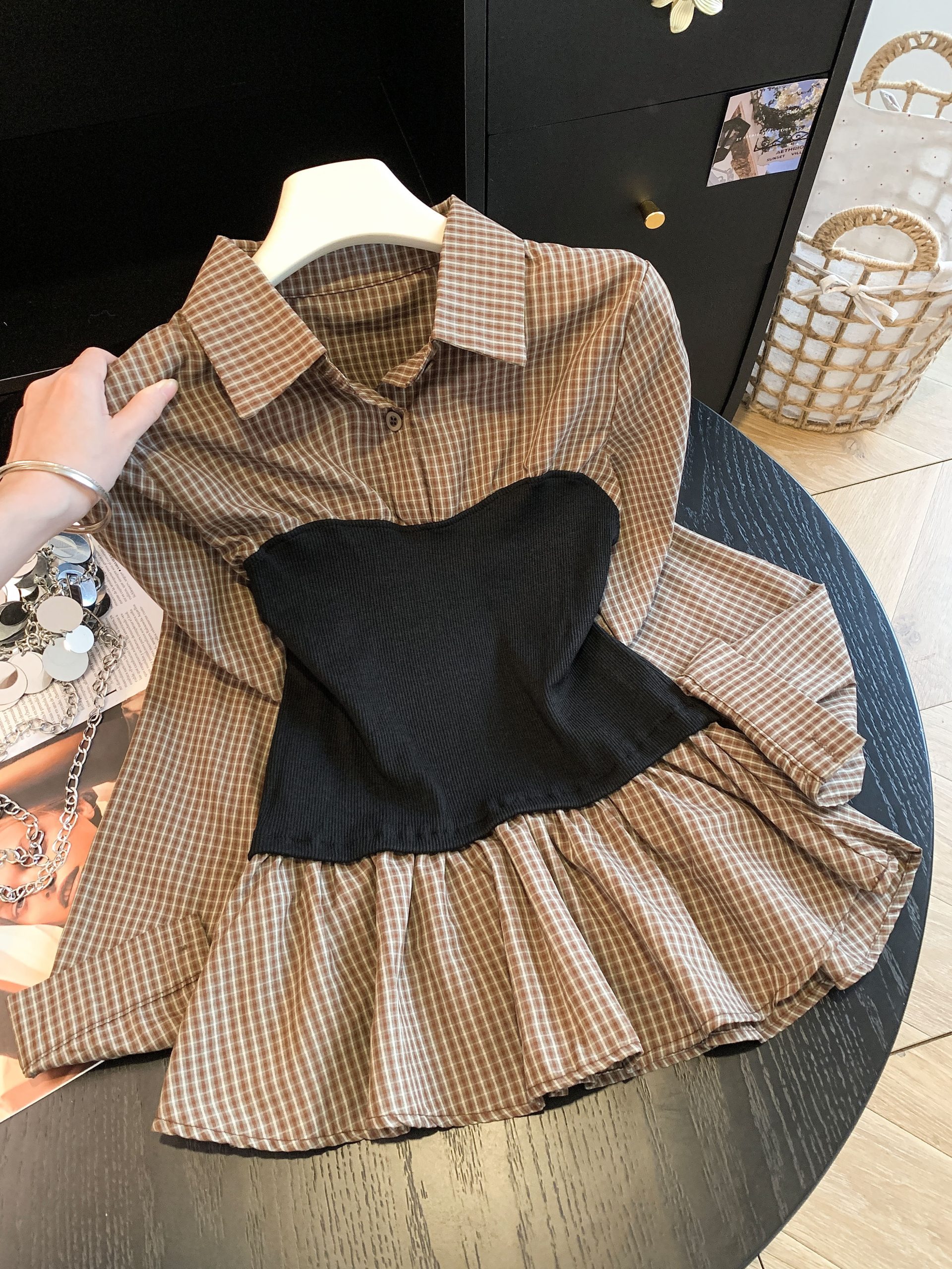 Women's Color Block Plaid Faux Two Piece Waist Cinched Long Sleeve Shirt Early Autumn New Blouse - Image 3