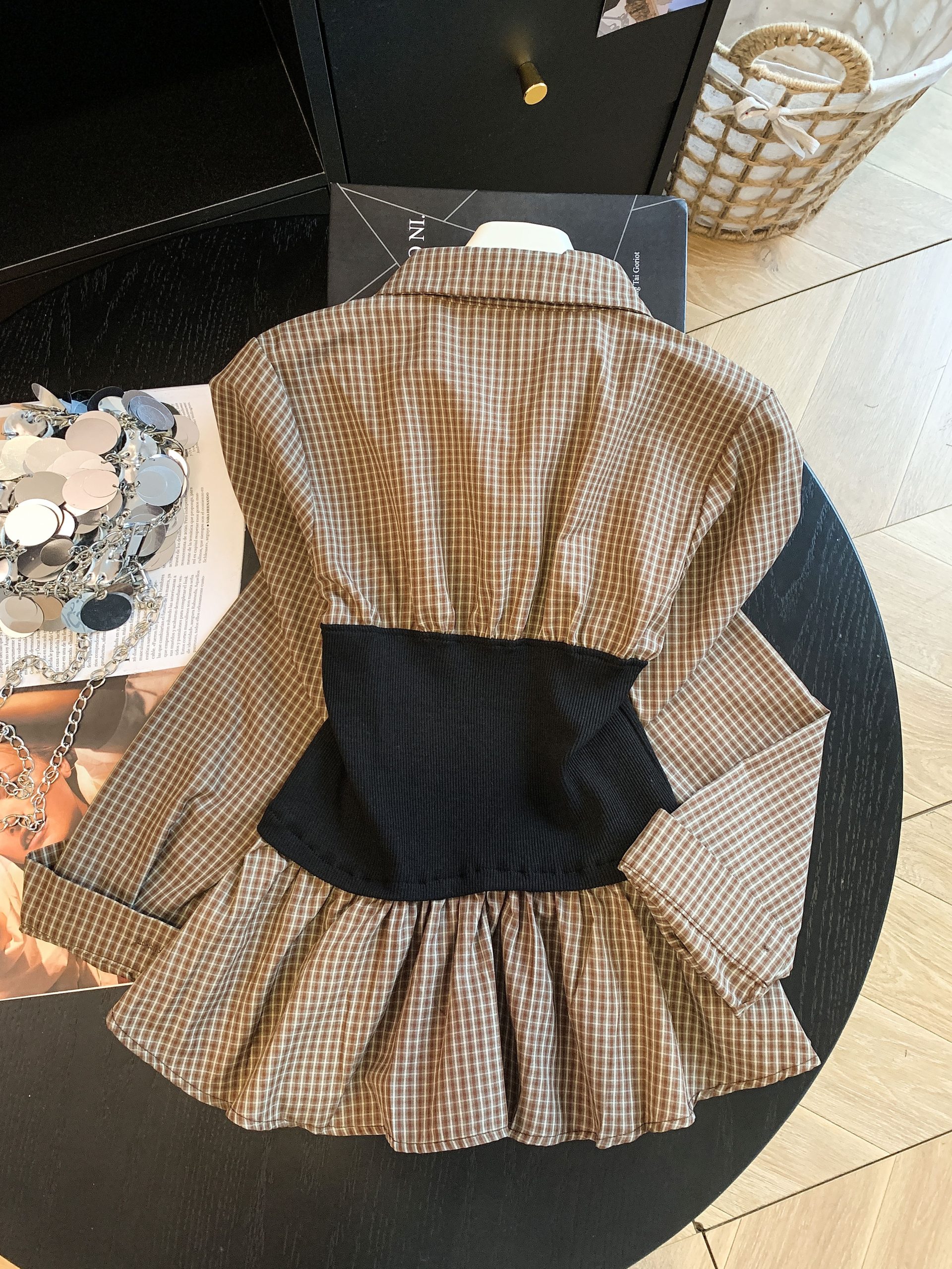 Women's Color Block Plaid Faux Two Piece Waist Cinched Long Sleeve Shirt Early Autumn New Blouse - Image 4