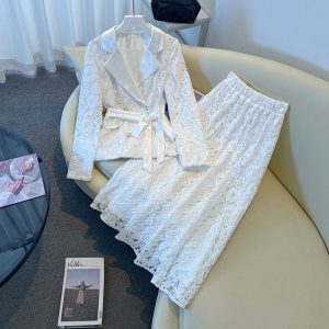 Chic Two-Piece Dress Set with Blazer Collar and Long Sleeve Cardigan Top