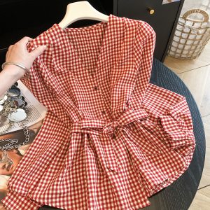 Hong Kong Style Plaid Lace-Up Waist Shirt Women's Fall V-Neck Top
