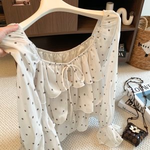 French Sweet Ruffle Polka Dot Lace-Up Long Sleeve Blouse for Women Autumn 2026 Loose Fit