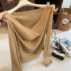 Pure Desire Lace Panel Cowl Neck Long Sleeve T-Shirt Women Early Autumn Ruched Waist Slimming Top