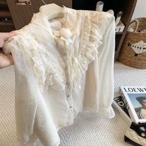 Palace French Light Luxury Lace Flower Half High Neck Unique Design Base Shirt