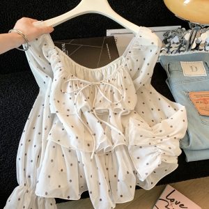 French Sweet Ruffle Polka Dot Lace-Up Long Sleeve Blouse for Women Autumn 2026 Loose Youthful Top
