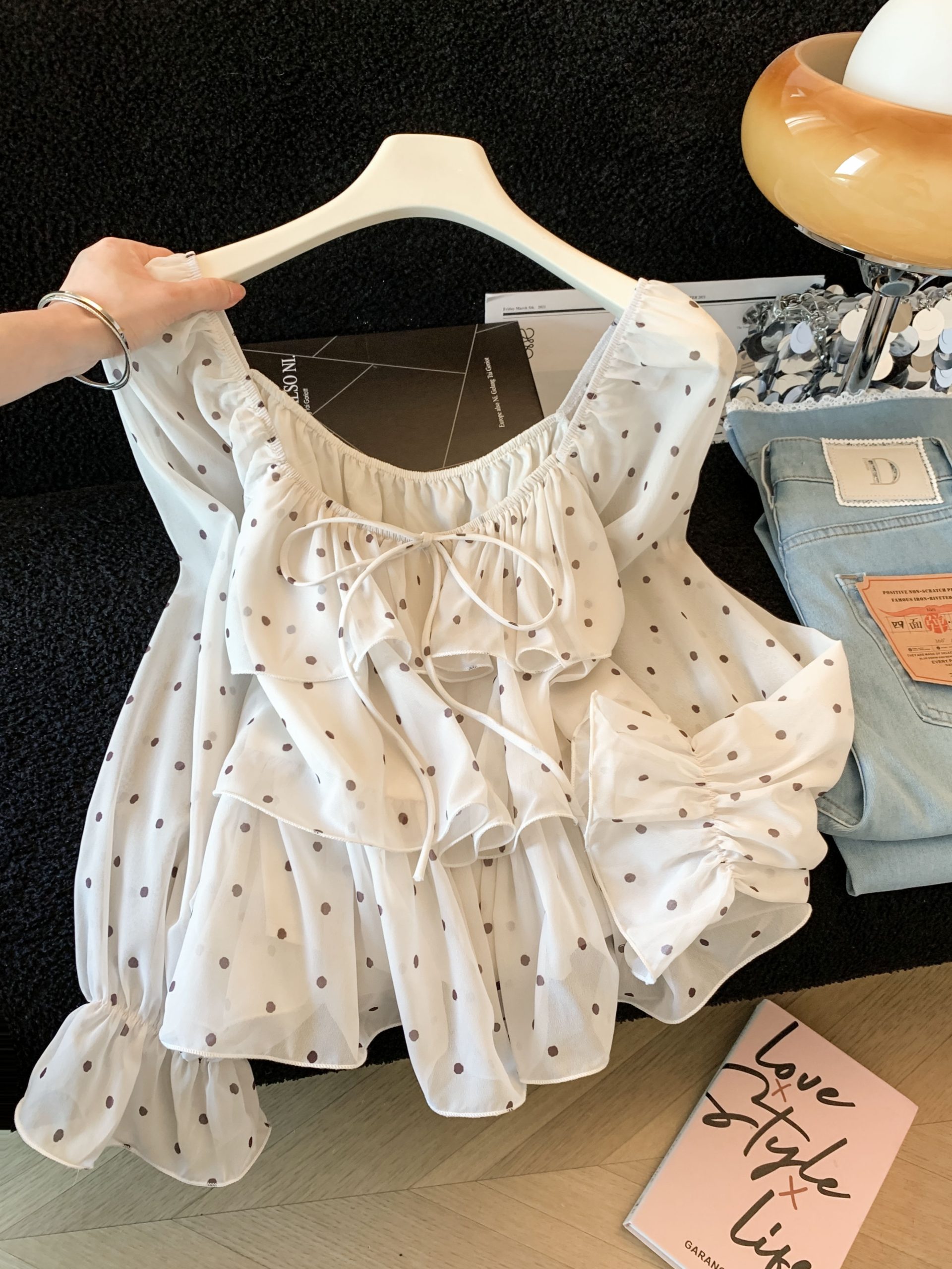 French Sweet Ruffle Polka Dot Lace-Up Long Sleeve Blouse for Women Autumn 2026 Loose Youthful Top