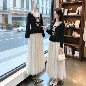 Autumn New Black Lace Spliced Bow Long Sleeve V-Neck Slim Fit Top Two-Piece Set 89195