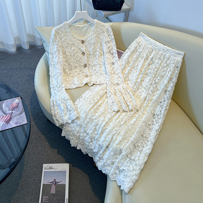 Chic Lace Two-Piece Skirt Set with Embroidered Top and Skirt - Image 4