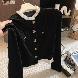 French Hepburn Style Black Velvet Shirt Women Autumn Winter Elegant Short Top
