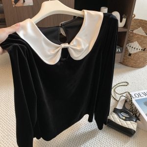 French Hepburn Style Black Velvet Shirt for Women Autumn Winter Elegant High-End Top - Style 432dec