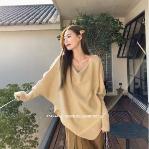 Batwing Sleeve Irregular Knit Sweater Women 2026 Autumn Loose Lazy Style Long Sleeve Top