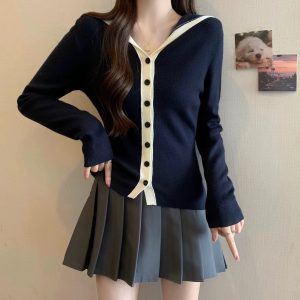 British Style Navy Collar Color Block Knit Sweater 2026 Winter New