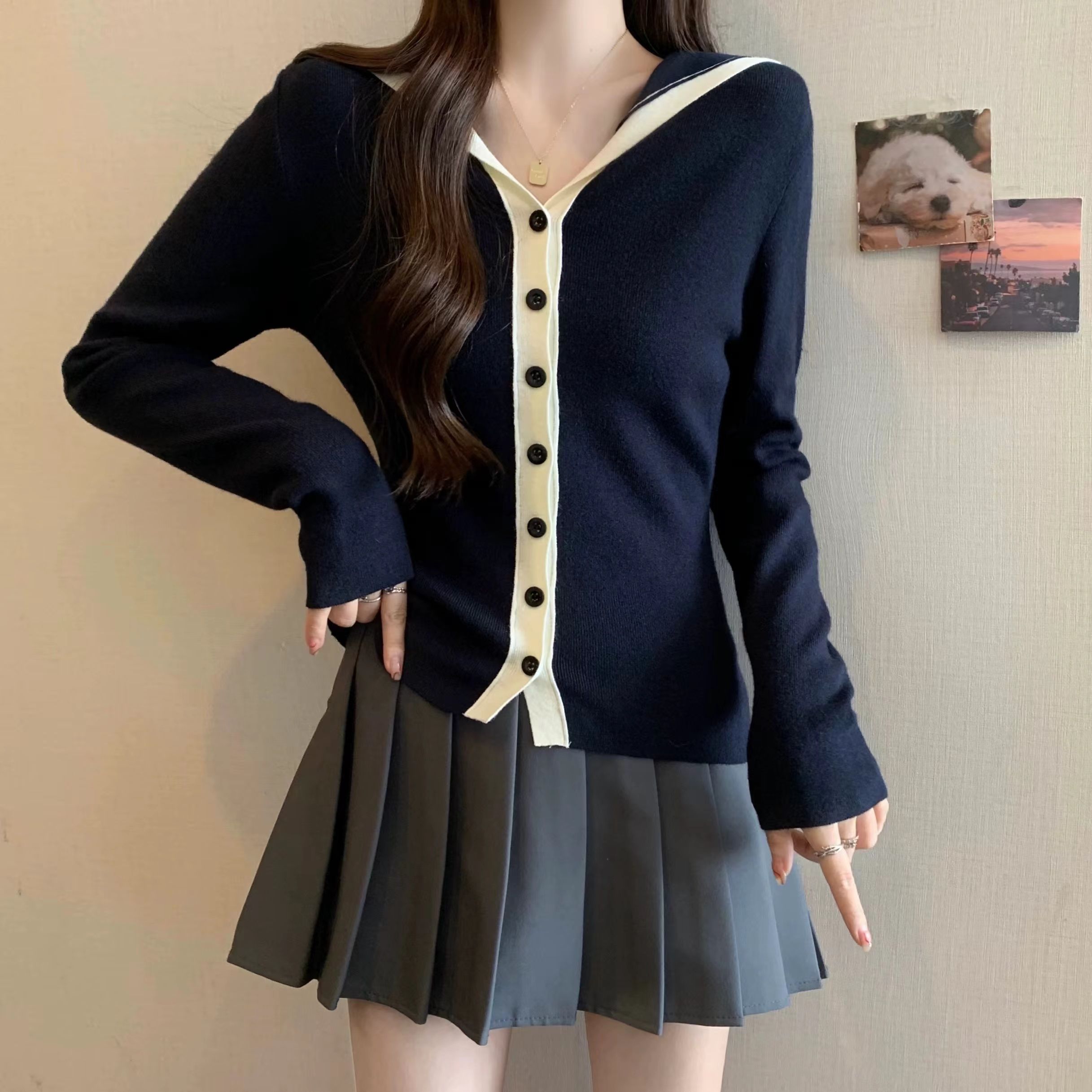 British Style Navy Collar Color Block Knit Sweater 2026 Winter New